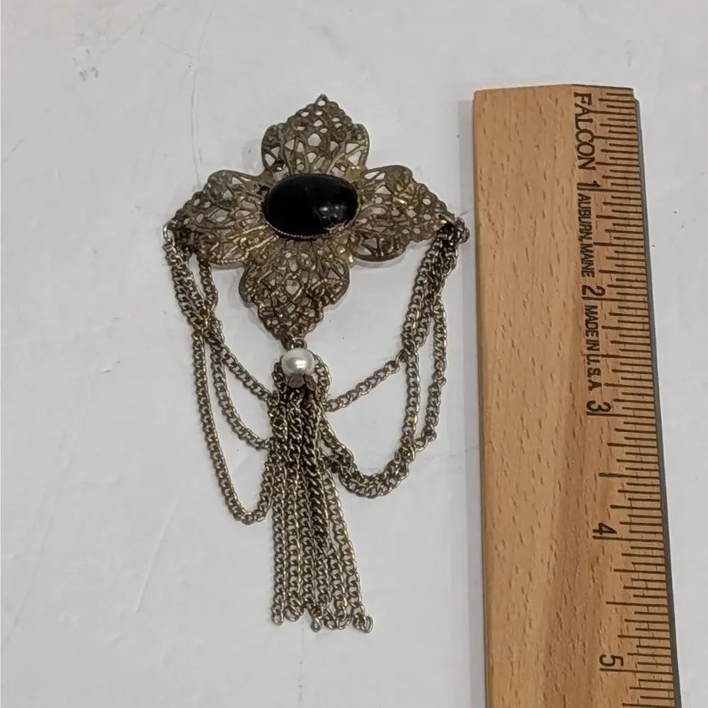 Vintage Victorian Revival Maltese Cross Brooch Gold Tone Filigree Black Cabochon
